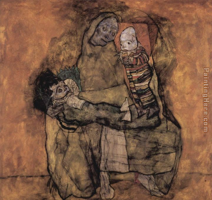 Mother with two children painting - Egon Schiele Mother with two children art painting